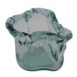 Recycled Glass Blue Clear Heart Shaped Wavy Edge Planter Vase Art Piece Beachy